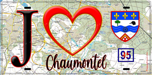 Plaque métal décorative  J' ❤️Chaumontel, Val d'Oise (95) fond carte