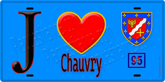 Plaque métal décorative  J' ❤️Chauvry, Val d'Oise (95) fond bleu