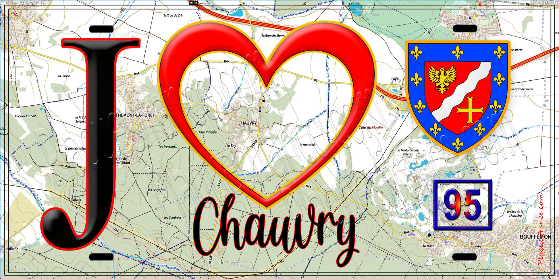 Plaque métal décorative  J' ❤️Chauvry, Val d'Oise (95) fond carte