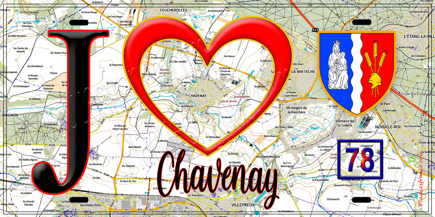 Plaque métal décorative  J' ❤️ Chavenay, Yvelines (78) fond carte