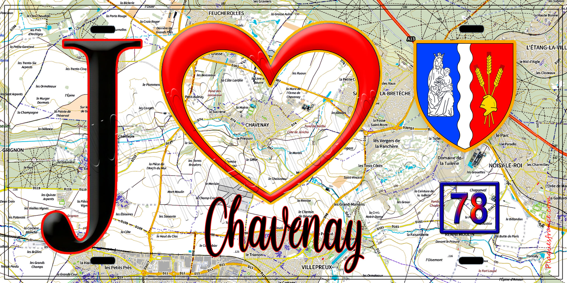 Plaque métal décorative  J' ❤️ Chavenay, Yvelines (78) fond carte