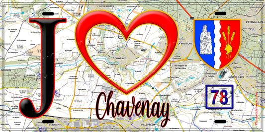 Plaque métal décorative  J' ❤️ Chavenay, Yvelines (78) fond carte