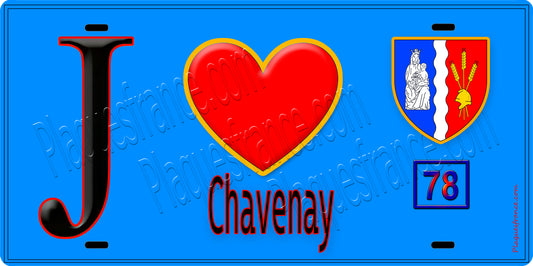 Plaque métal décorative  J' ❤️ Chavenay, Yvelines (78) fond bleu