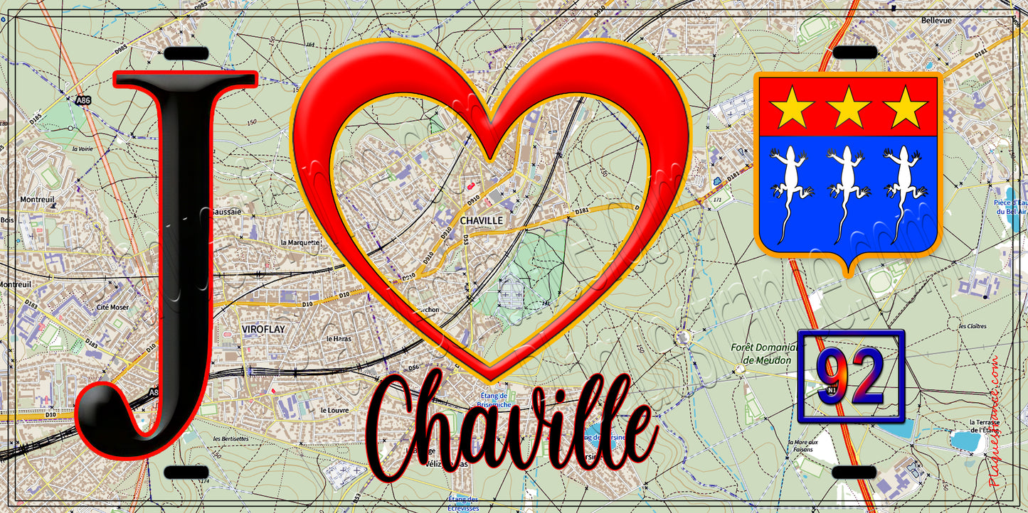 Plaque métal décorative  J' ❤️ Chaville, Hauts de Seine (92) fond carte