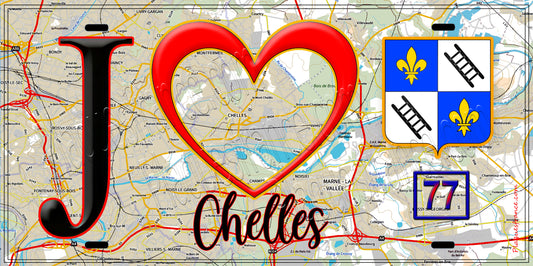 Plaque métal décorative  J' ❤️Chelles, Seine et Marne (77) fond  carte
