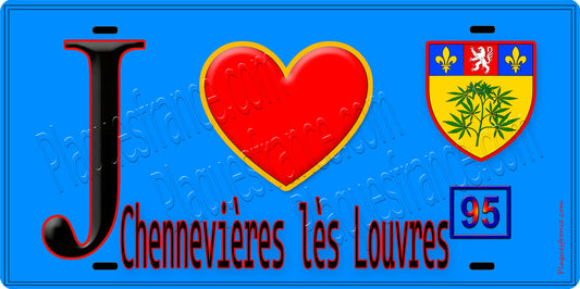 Plaque métal décorative  J' ❤️Chennevières-lès-Louvres, Val d'Oise (95) fond bleu