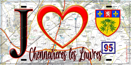 Plaque métal décorative  J' ❤️Chennevières-lès-Louvres, Val d'Oise (95) fond carte