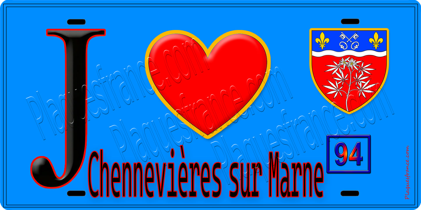 Plaque métal décorative  J' ❤️Chennevières-sur-Marne, Val de Marne (94) fond bleu