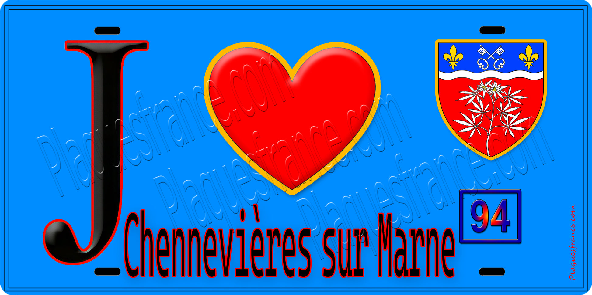 Plaque métal décorative  J' ❤️Chennevières-sur-Marne, Val de Marne (94) fond bleu