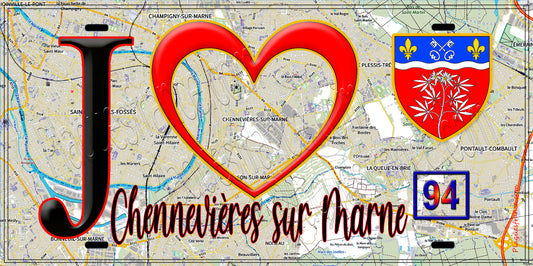Plaque métal décorative  J' ❤️Chennevières-sur-Marne, Val de Marne (94) fond carte