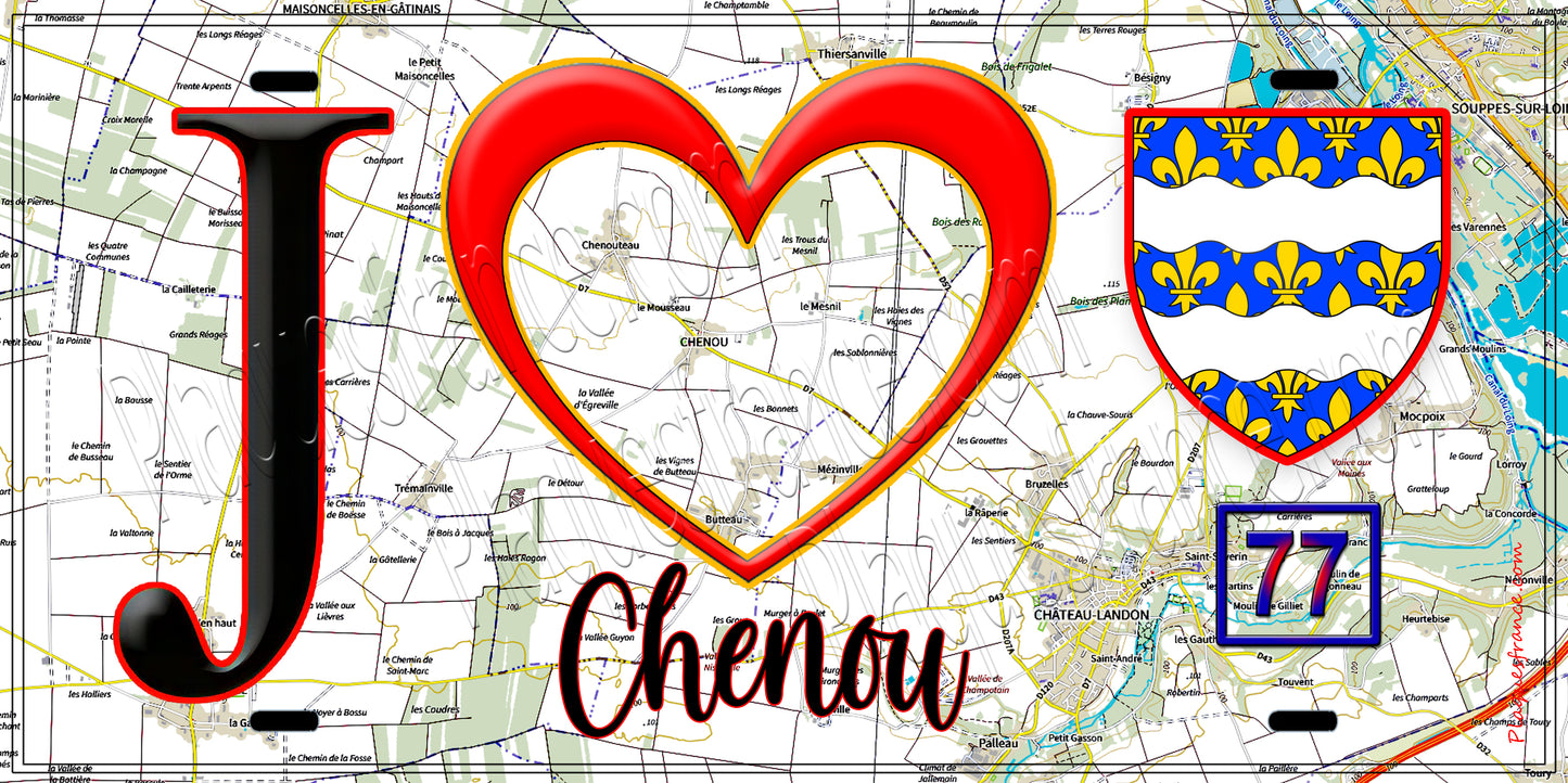 Plaque métal décorative  J' ❤️Chenou, Seine et Marne (77) fond carte