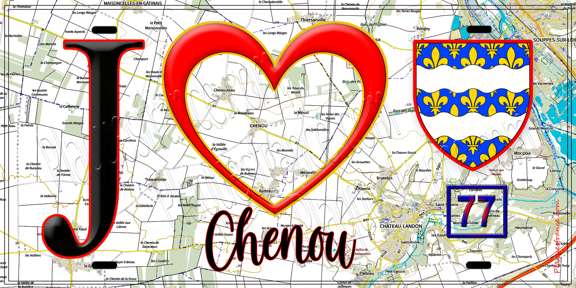 Plaque métal décorative  J' ❤️Chenou, Seine et Marne (77) fond carte
