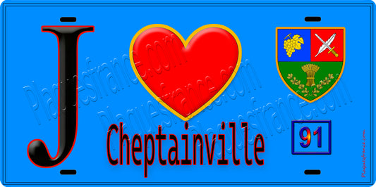 Plaque métal décorative  J' ❤️Cheptainville, Essonne (91) fond bleu