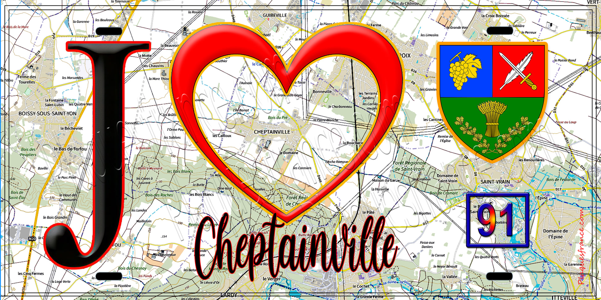 Plaque métal décorative  J' ❤️Cheptainville, Essonne (91) fond carte