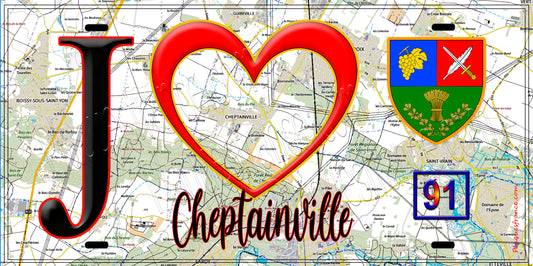 Plaque métal décorative  J' ❤️Cheptainville, Essonne (91) fond carte