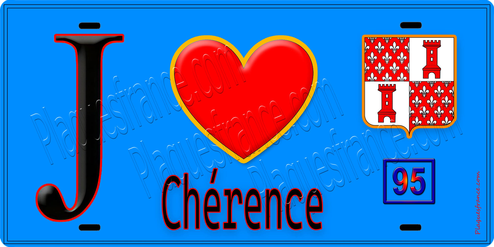 Plaque métal décorative  J' ❤️Chérence, Val d'Oise (95) fond bleu