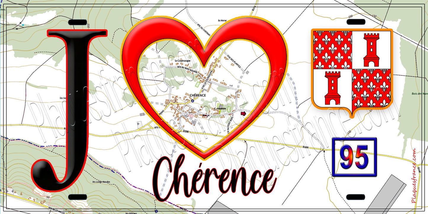 Plaque métal décorative  J' ❤️Chérence, Val d'Oise (95) fond carte