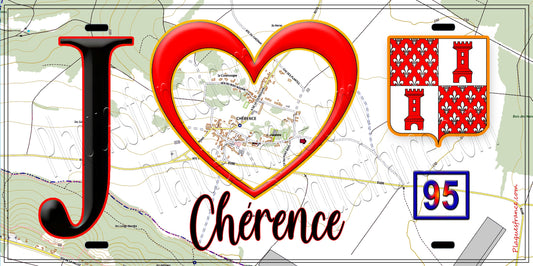 Plaque métal décorative  J' ❤️Chérence, Val d'Oise (95) fond carte