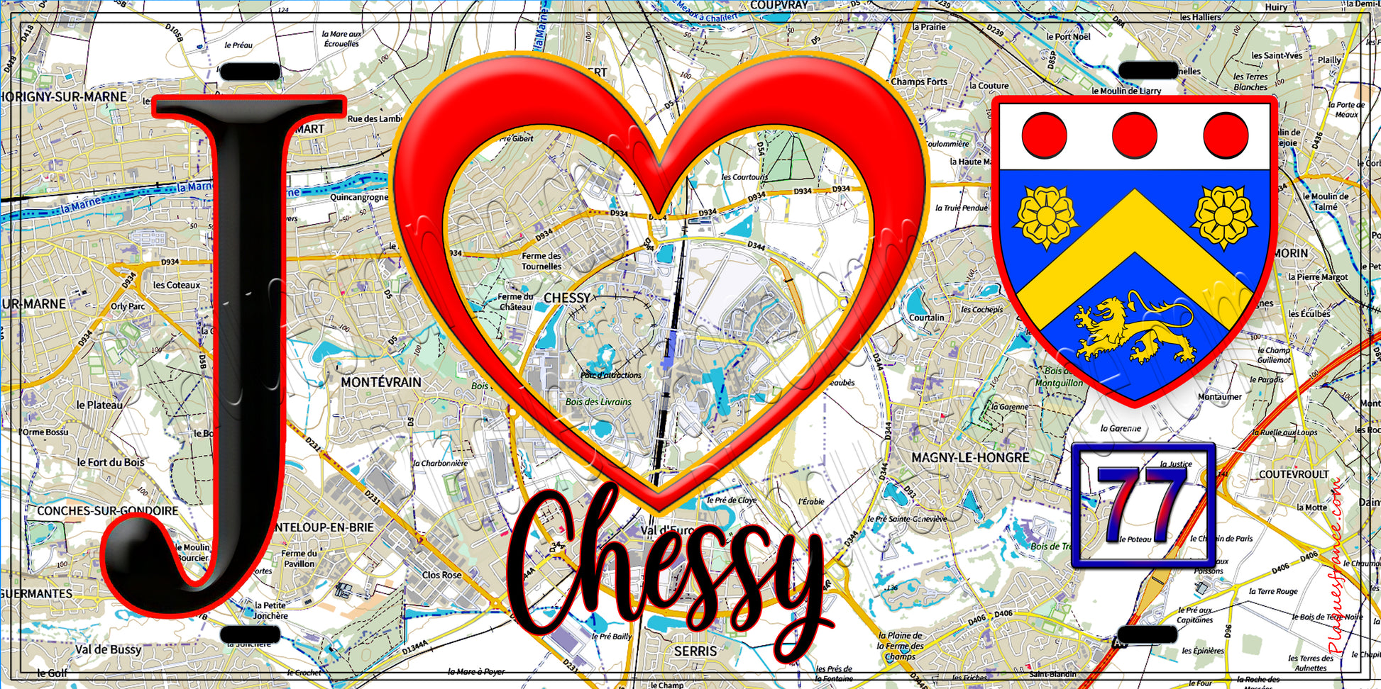 Plaque métal décorative  J' ❤️Chessy, Seine et Marne (77) fond carte