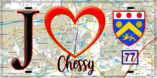Plaque métal décorative  J' ❤️Chessy, Seine et Marne (77) fond carte