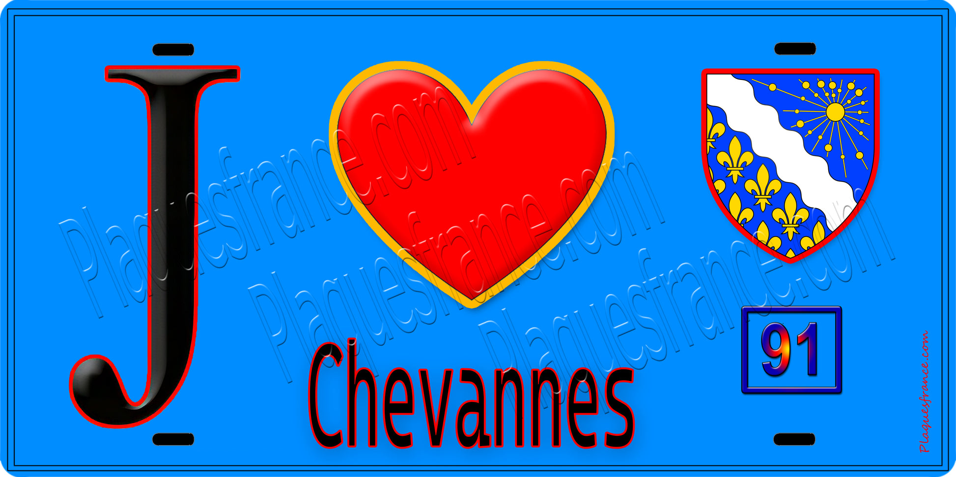 Plaque métal décorative  J' ❤️Chevannes, Essonne (91) fond bleu