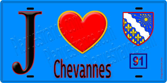 Plaque métal décorative  J' ❤️Chevannes, Essonne (91) fond bleu