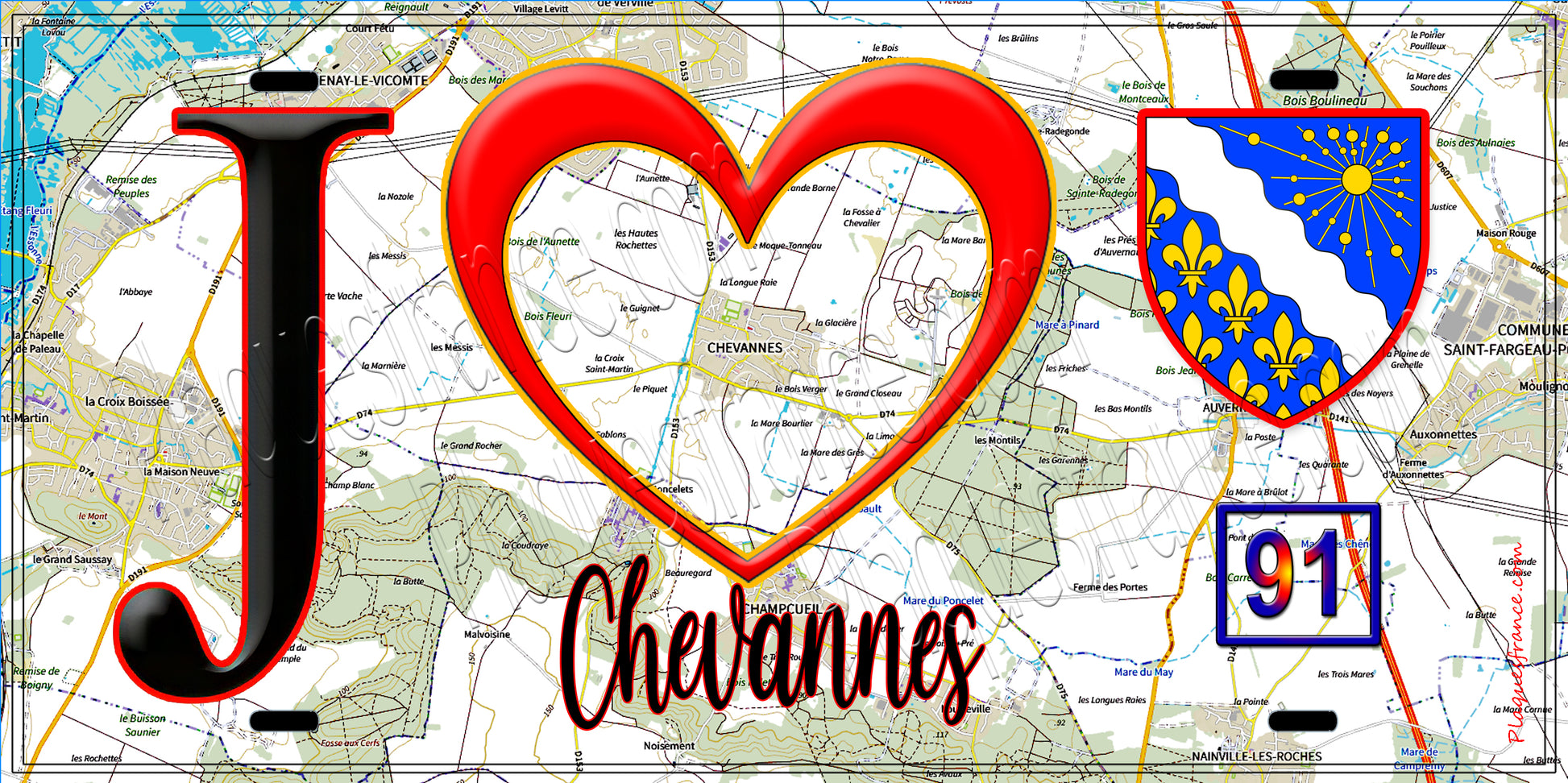 Plaque métal décorative  J' ❤️Chevannes, Essonne (91) fond carte