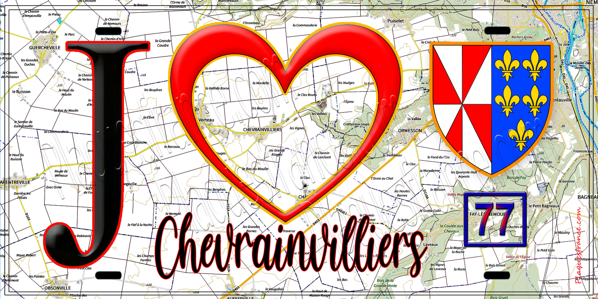 Plaque métal décorative  J' ❤️Chevrainvilliers, Seine et Marne (77) fond carte
