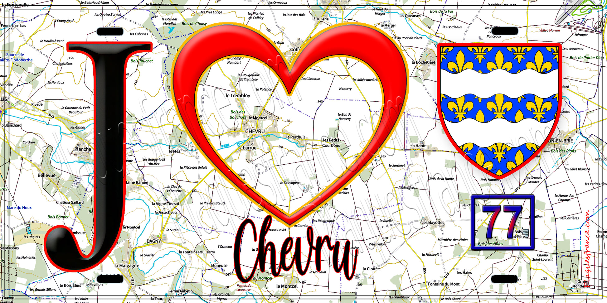 Plaque métal décorative  J' ❤️Chevru, Seine et Marne (77) fond carte