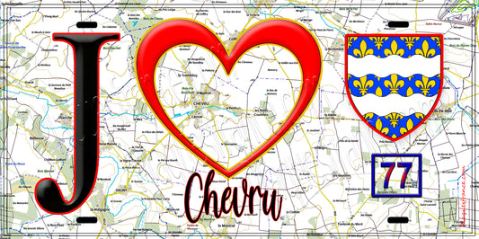 Plaque métal décorative  J' ❤️Chevru, Seine et Marne (77) fond carte