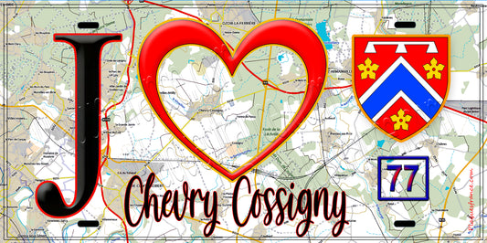 Plaque métal décorative  J' ❤️Chevry-Cossigny, Seine et Marne (77) fond carte