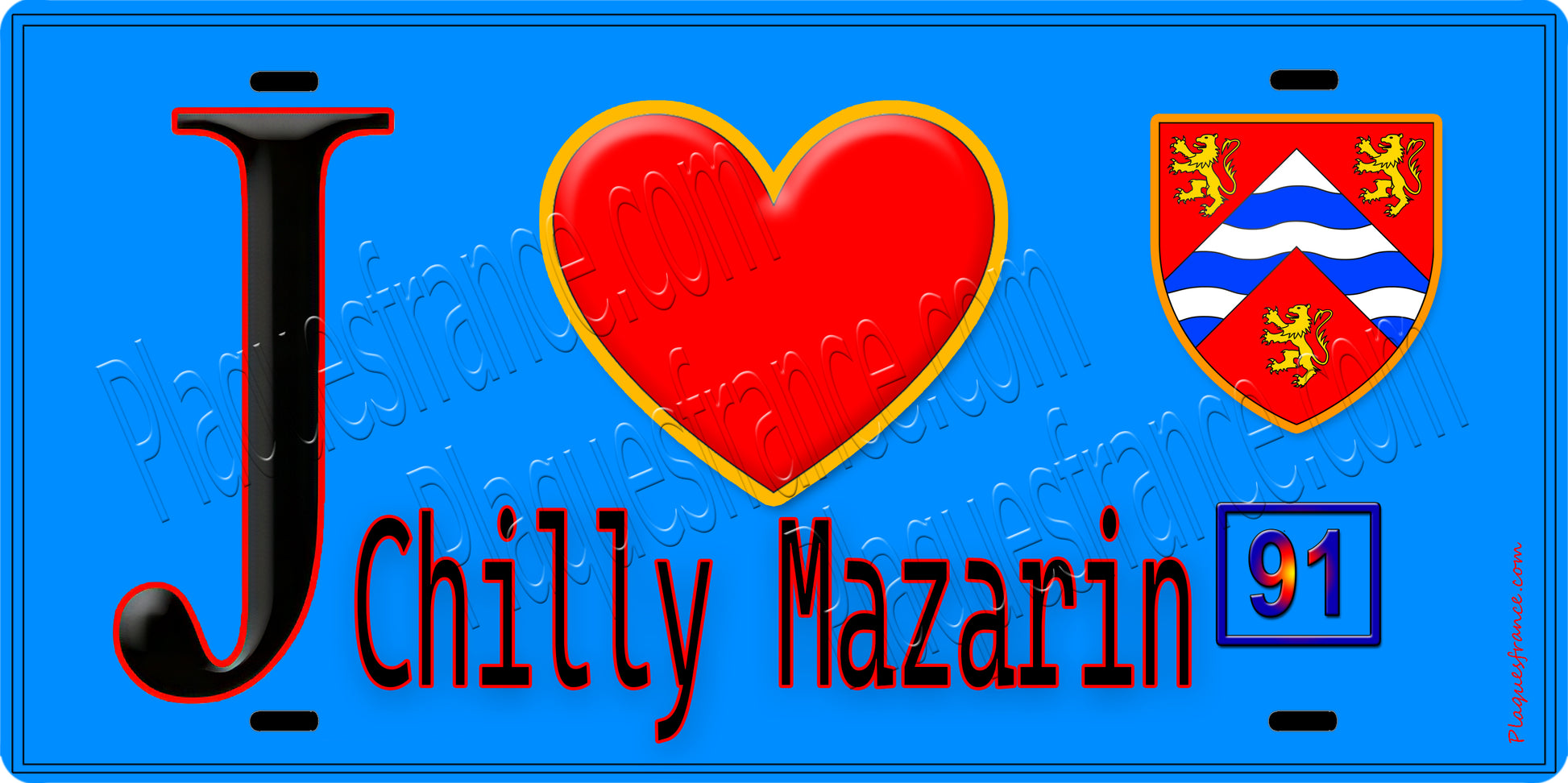 Plaque métal décorative  J' ❤️Chilly-Mazarin, Essonne (91) fond bleu