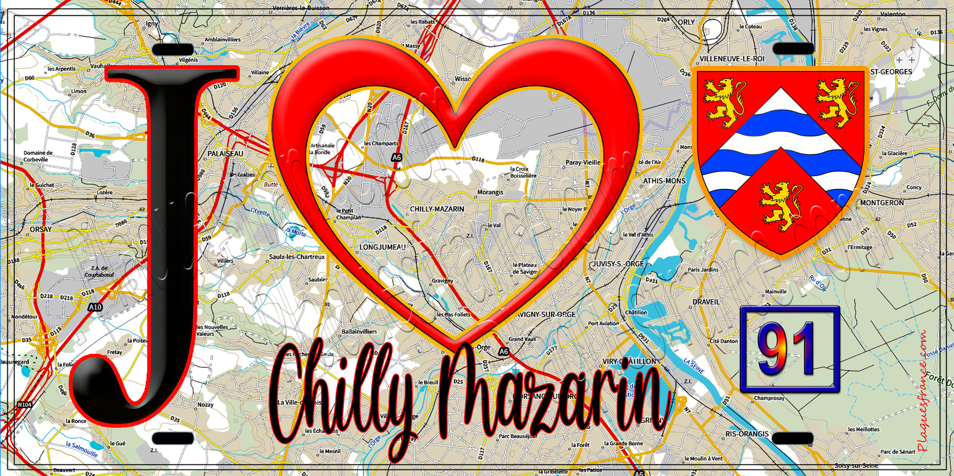 Plaque métal décorative  J' ❤️Chilly-Mazarin, Essonne (91) fond carte