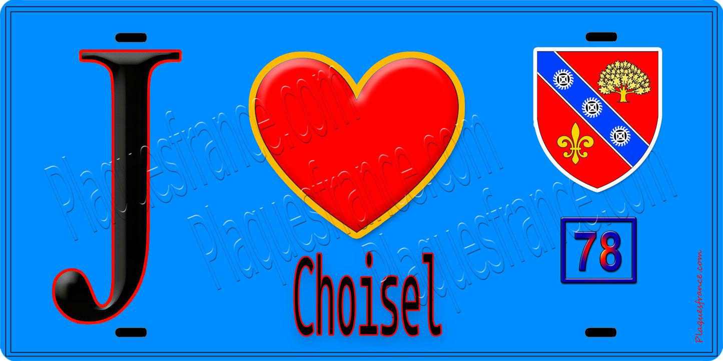 Plaque métal décorative  J' ❤️ Choisel, Yvelines (78) fond bleu