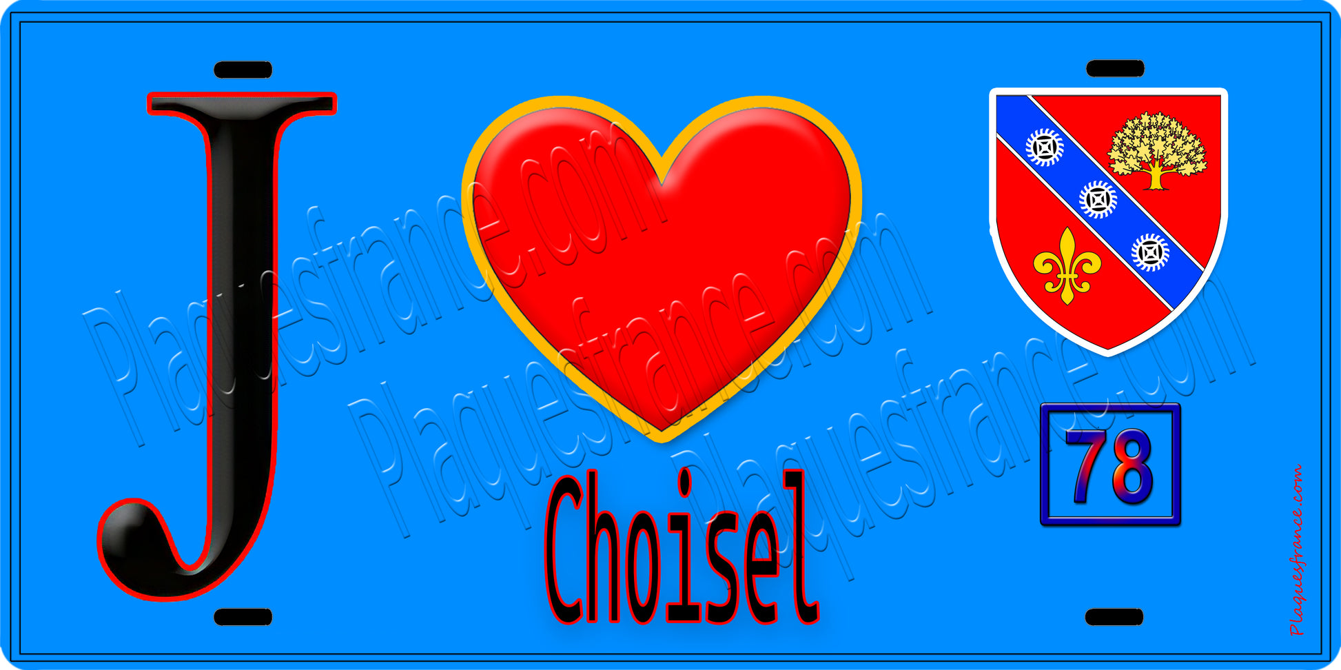 Plaque métal décorative  J' ❤️ Choisel, Yvelines (78) fond bleu