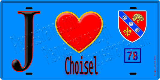 Plaque métal décorative  J' ❤️ Choisel, Yvelines (78) fond bleu