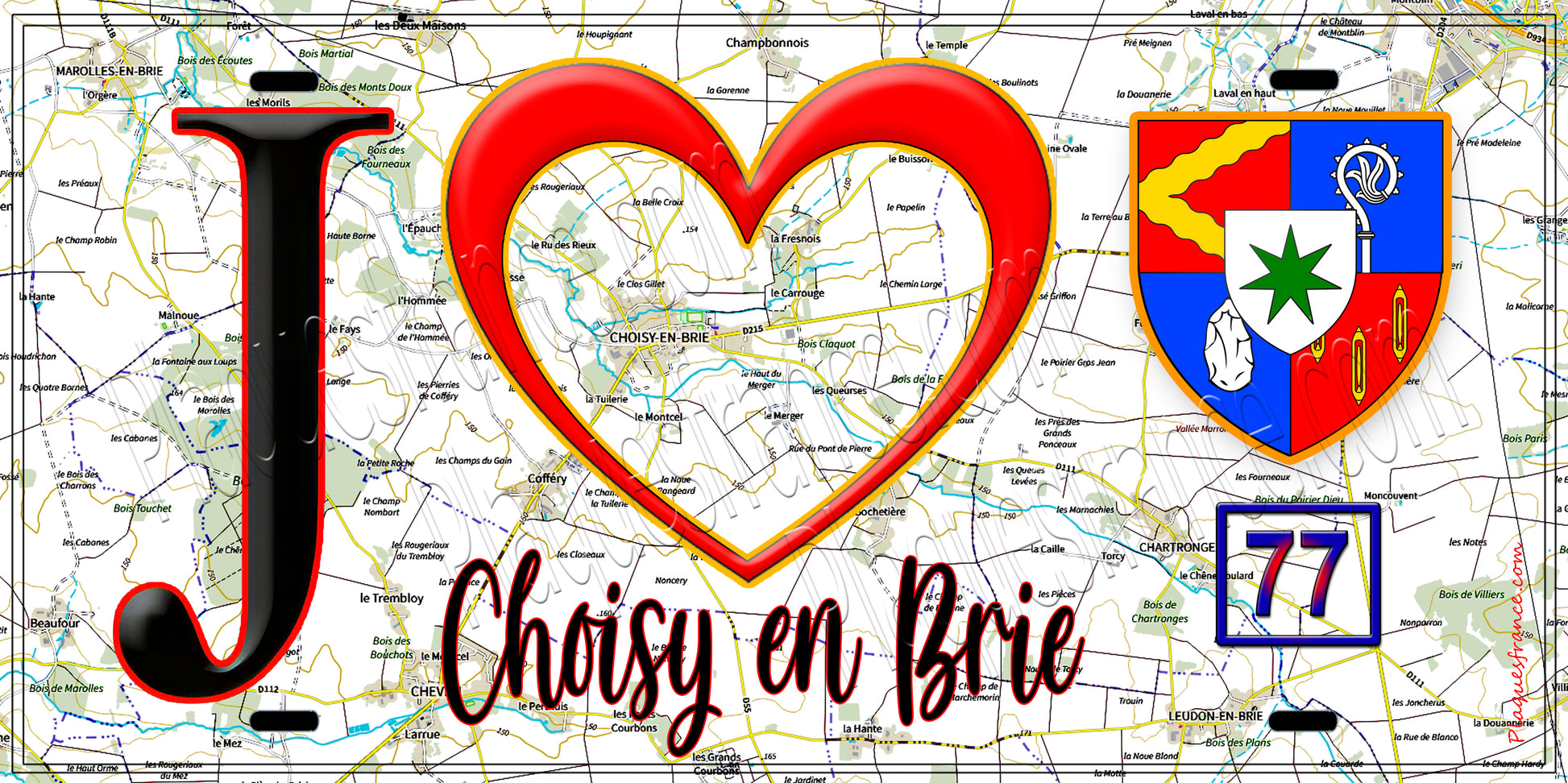 Plaque métal décorative  J' ❤️Choisy-en-Brie, Seine et Marne (77) fond carte