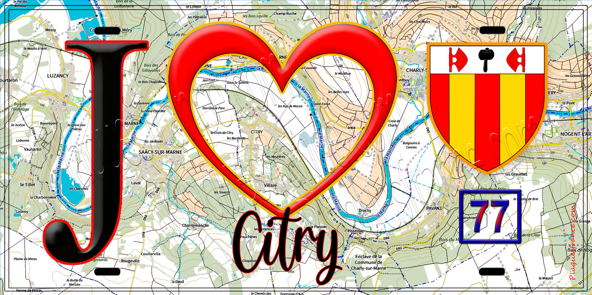 Plaque métal décorative  J' ❤️Citry, Seine et Marne (77) fond carte