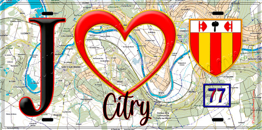 Plaque métal décorative  J' ❤️Citry, Seine et Marne (77) fond carte