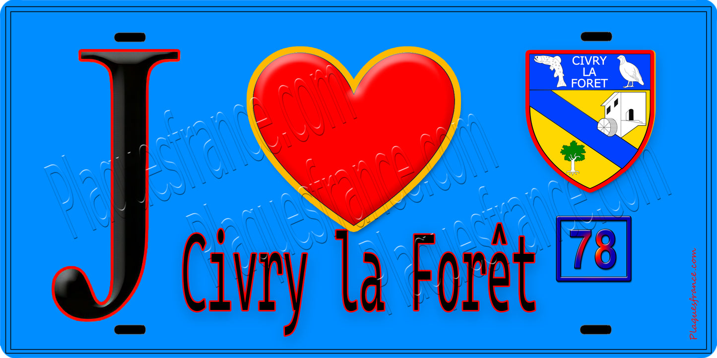 Plaque métal décorative  J' ❤️ Civry-la-Forêt, Yvelines (78) fond bleu