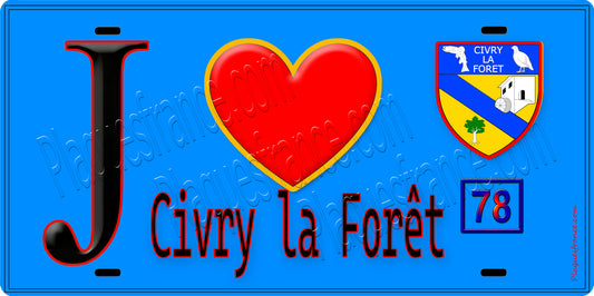 Plaque métal décorative  J' ❤️ Civry-la-Forêt, Yvelines (78) fond bleu