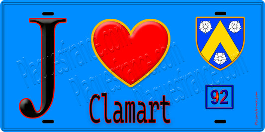 Plaque métal décorative  J' ❤️ Clamart, Hauts de Seine (92) fond bleu