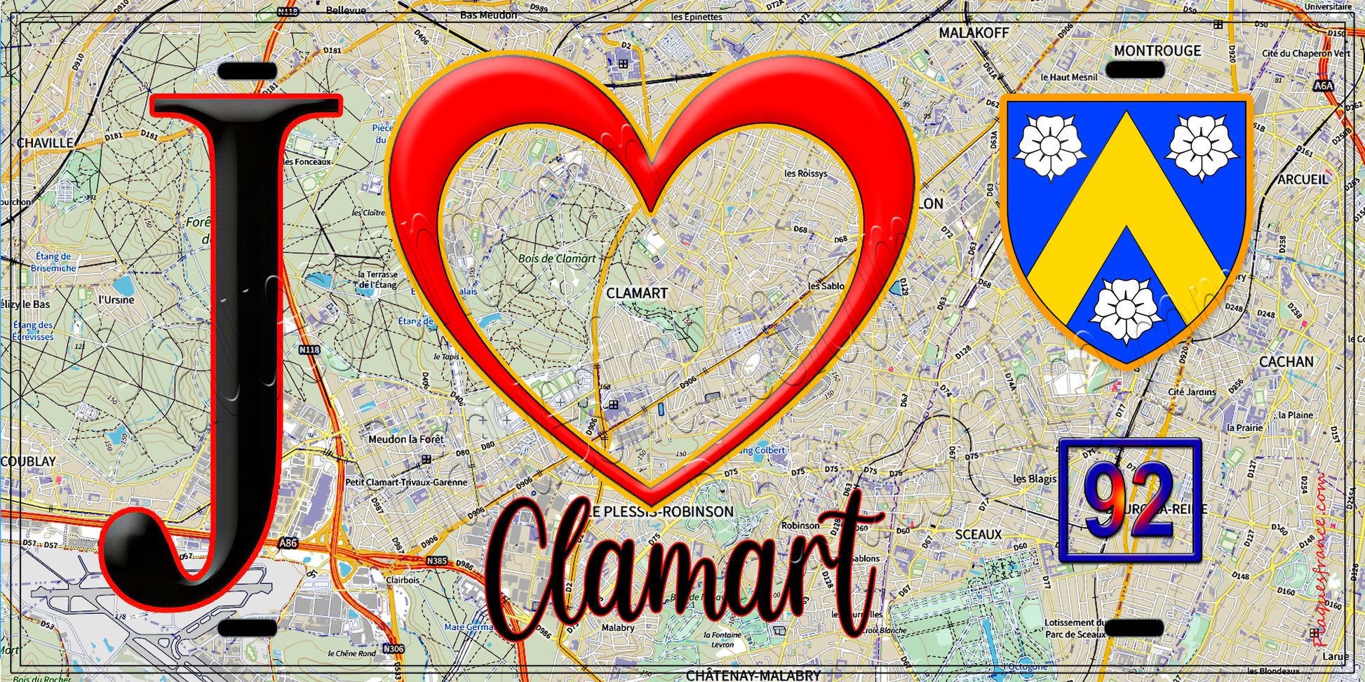 Plaque métal décorative  J' ❤️ Clamart, Hauts de Seine (92) fond carte