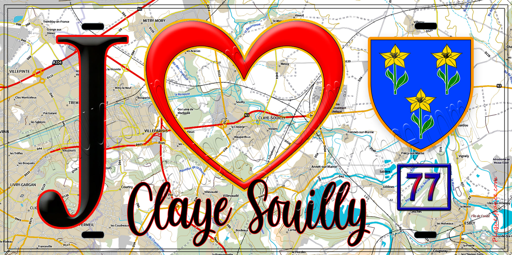 Plaque métal décorative  J' ❤️Claye-Souilly, Seine et Marne (77) fond carte