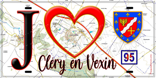 Plaque métal décorative  J' ❤️Cléry-en-Vexin, Val d'Oise (95) fond carte