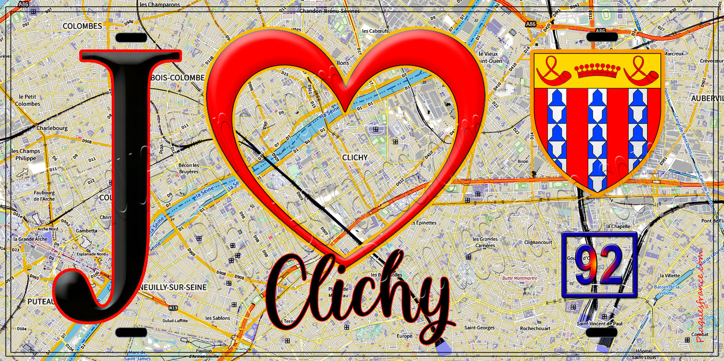 Plaque métal décorative  J' ❤️ Clichy, Hauts de Seine (92) fond carte