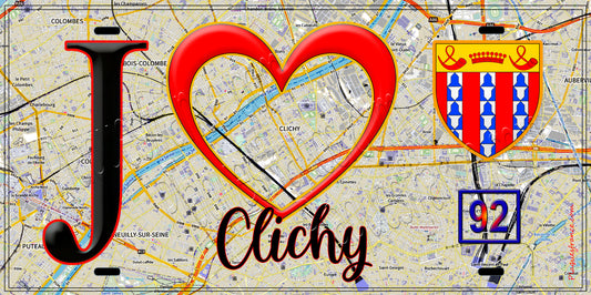 Plaque métal décorative  J' ❤️ Clichy, Hauts de Seine (92) fond carte