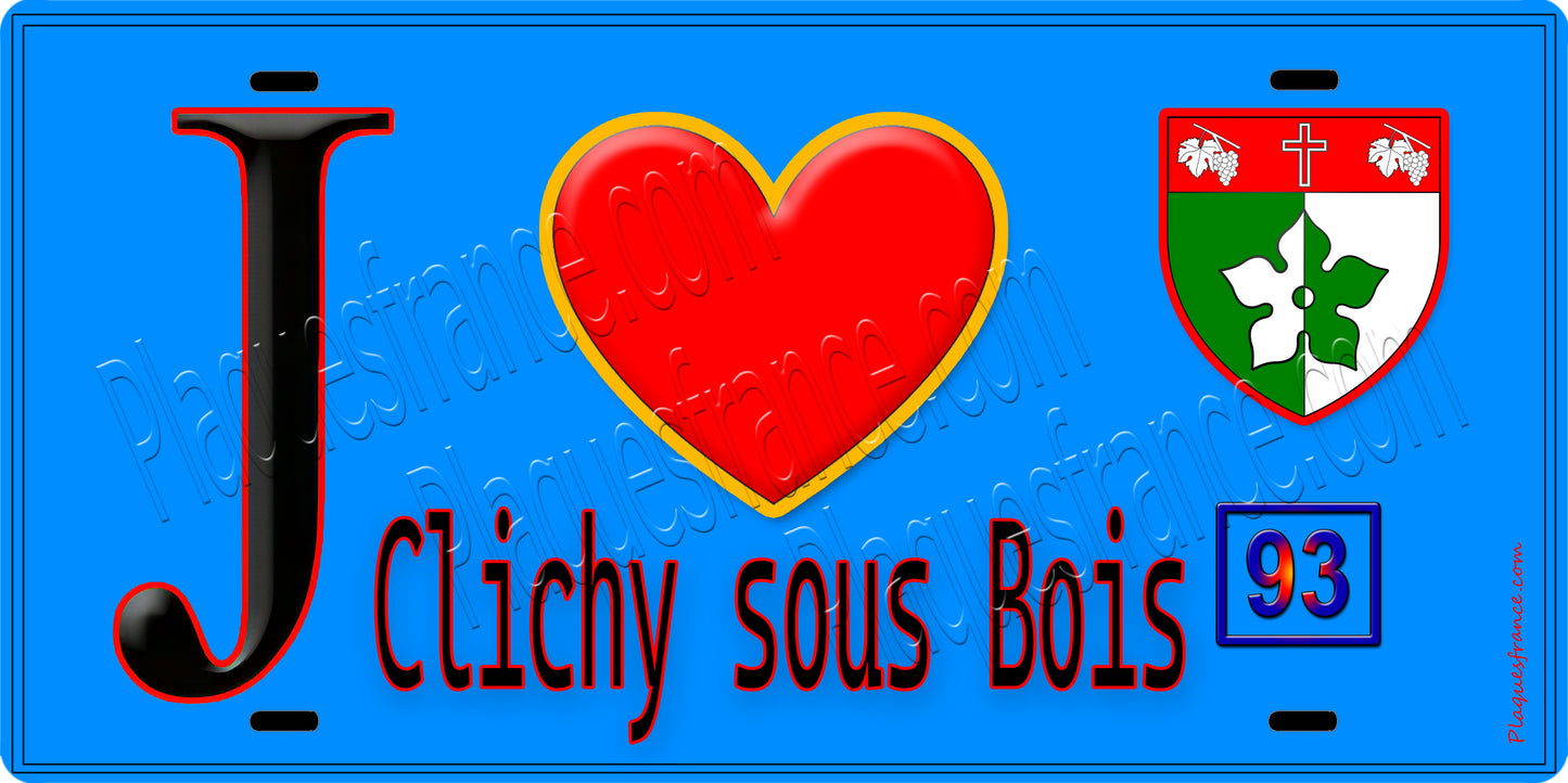 Plaque métal décorative  J' ❤️Clichy-sous-Bois, Seine Saint Denis (93) fond bleu