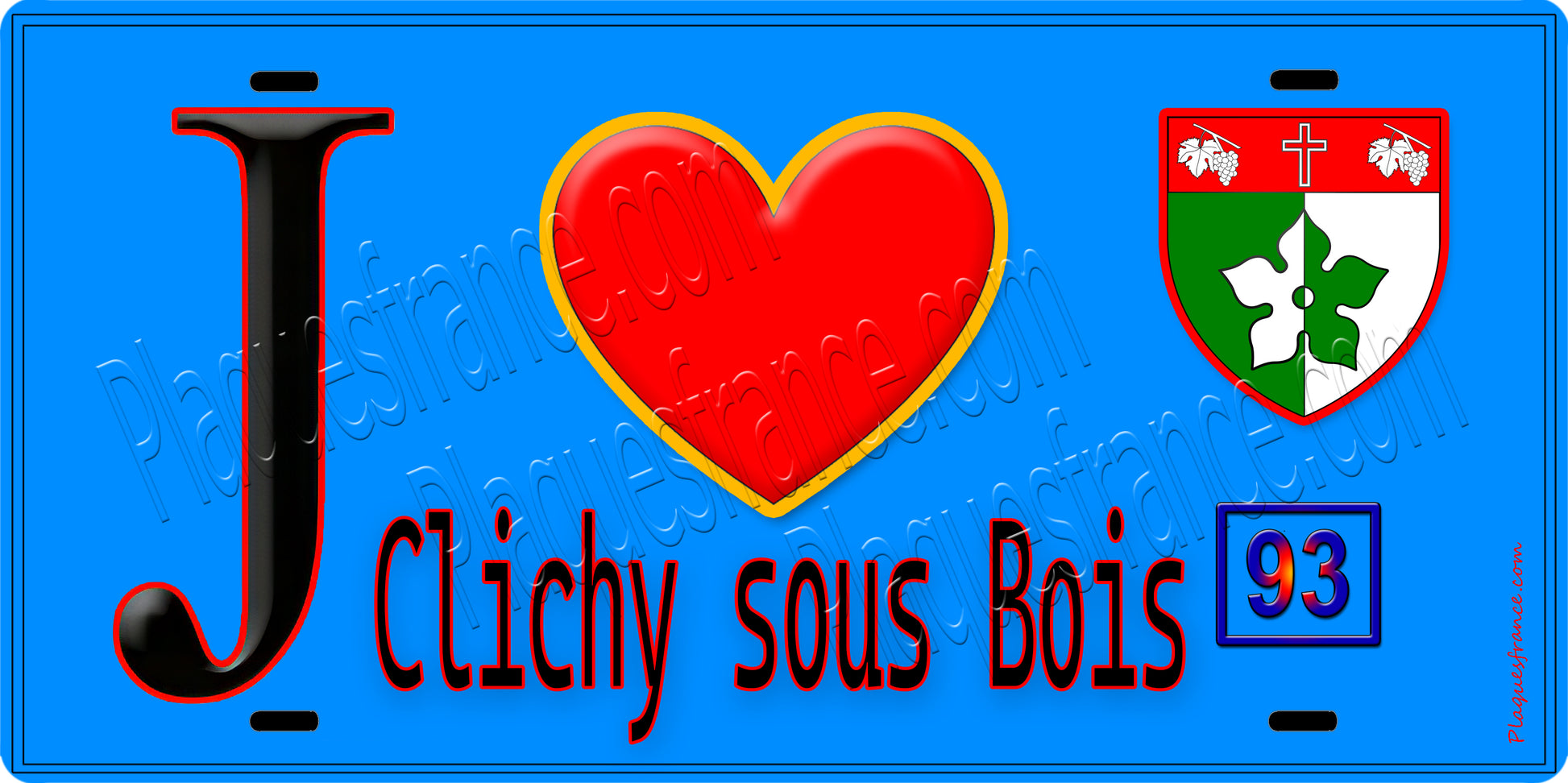 Plaque métal décorative  J' ❤️Clichy-sous-Bois, Seine Saint Denis (93) fond bleu
