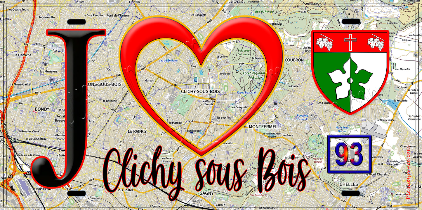 Plaque métal décorative  J' ❤️Clichy-sous-Bois, Seine Saint Denis (93) fond carte
